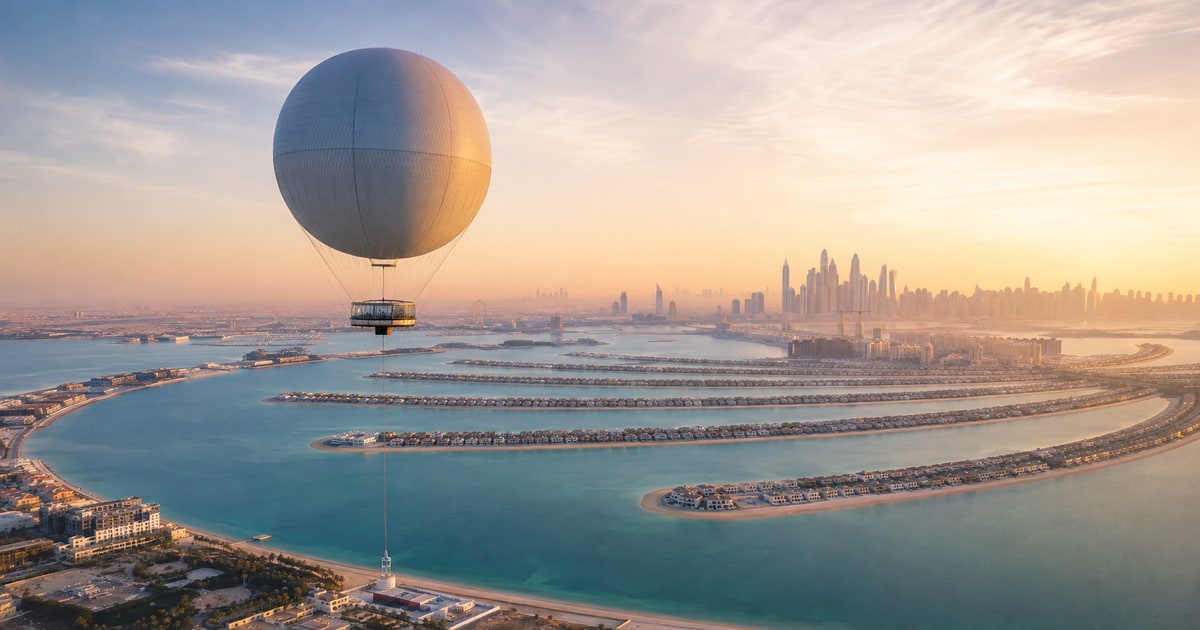Оригинальная обложка GeoTrips: привязной аэростат над Palm Jumeirah на рассвете