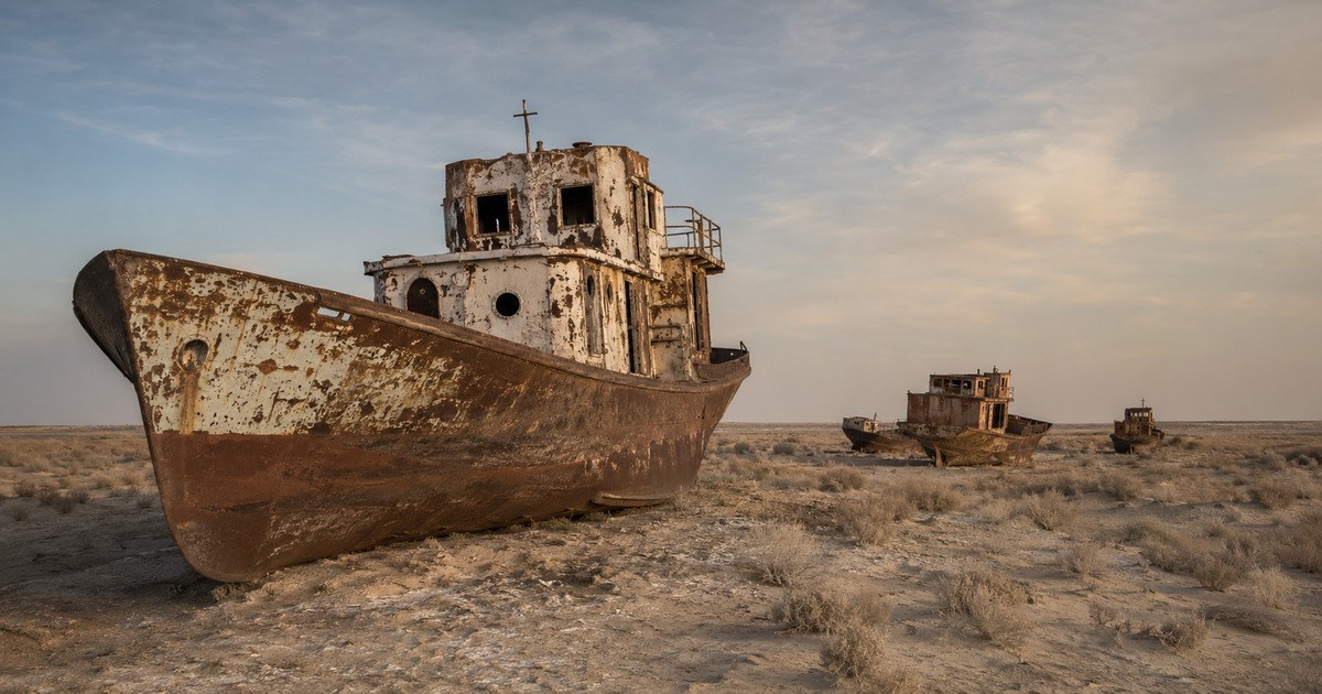 Оригинальная обложка GeoTrips: корабли на высохшем дне Арала, музей и пустынный горизонт