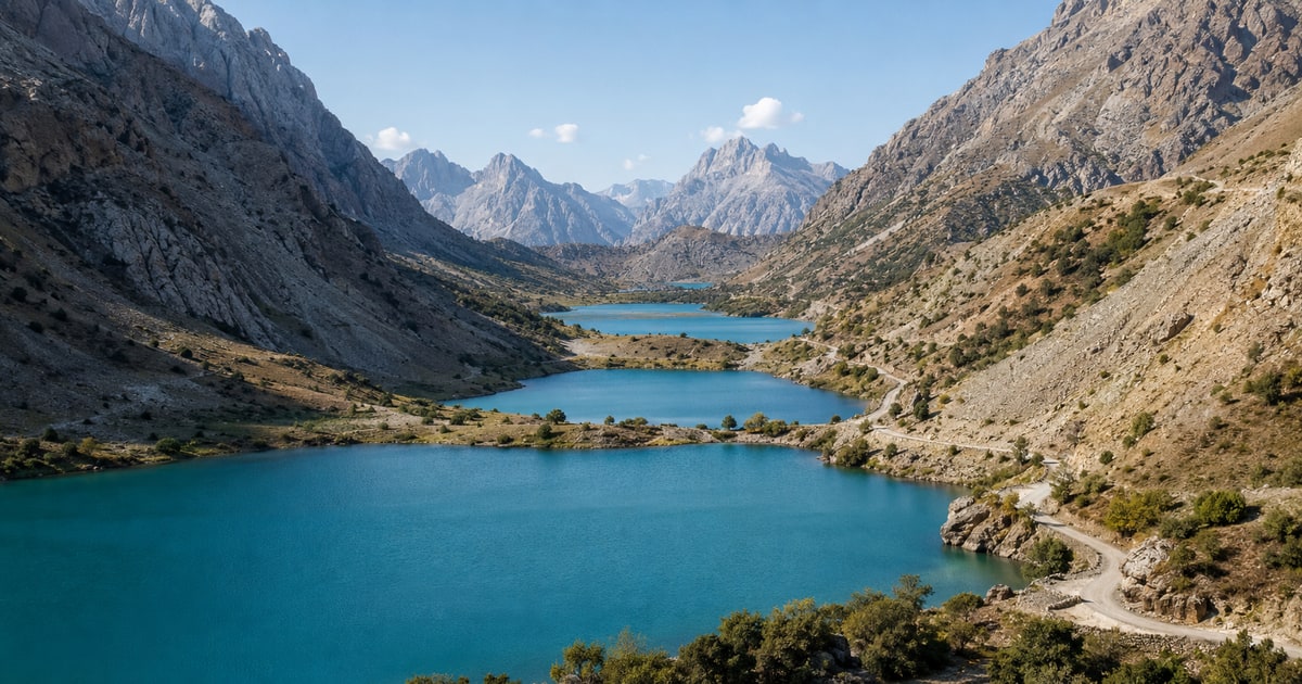 Оригинальная обложка GeoTrips: бирюзовые Семь озёр и горная дорога в Фанских горах